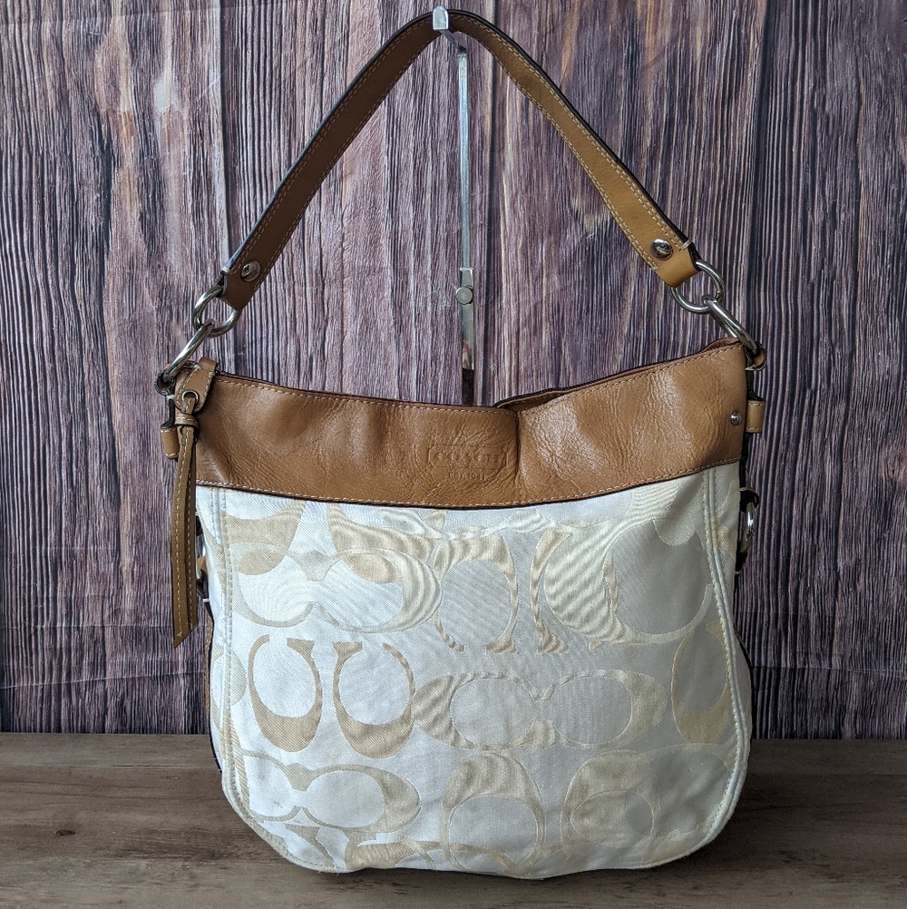 vintage Coach Zoe Hobo bag with the Optic Signature canvas pattern and tan leath